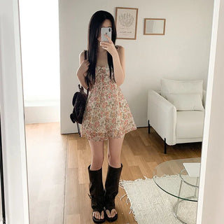 Ribbon floral print camisole bustier A-line mini summer dress