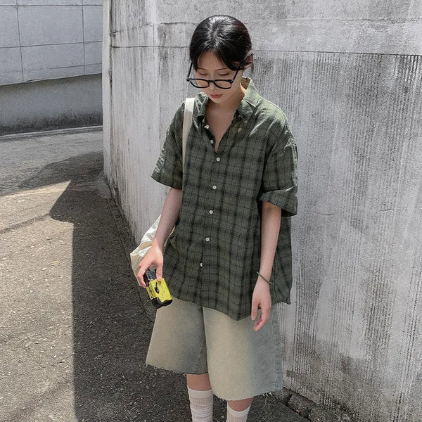 [2 colors] Big size oversized check short-sleeved shirt summer outerwear