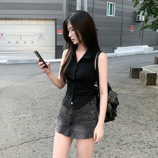 [2 colors] Collared halter neck shirred camisole blouse