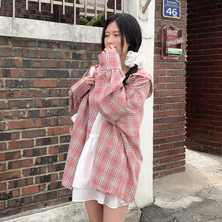 Pink checkered hooded oversized shirt