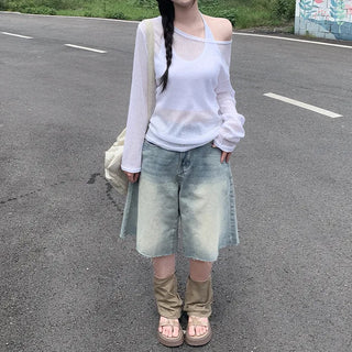 Linen oversized off-shoulder sheer long-sleeved T-shirt
