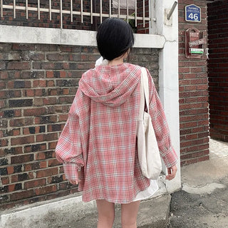Pink checkered hooded oversized shirt