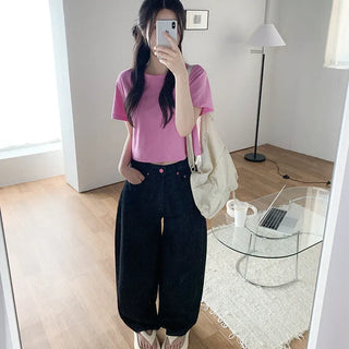 Non-washed denim wide-leg pants with embroidered patch