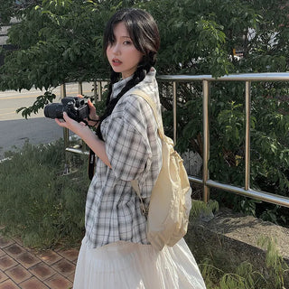 [2 colors] Big size oversized check short-sleeved shirt summer outerwear