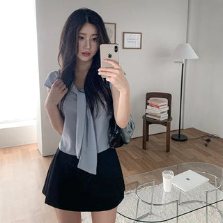 Tie-cap sleeve silky blouse