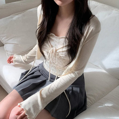 (Set) Ribbon Shirred Camisole & Cardigan