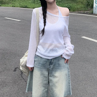 Linen oversized off-shoulder sheer long-sleeved T-shirt