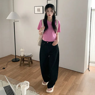 Semi-Crop Plain T-Shirt Layered T-Shirt