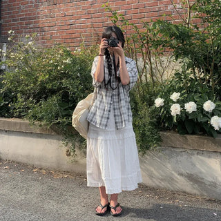 [2 colors] Big size oversized check short-sleeved shirt summer outerwear