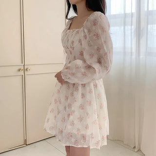 Floral chiffon square neck puff sleeve dress