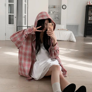 Pink checkered hooded oversized shirt