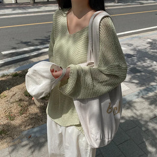 Off-shoulder oversized sheer V-neck