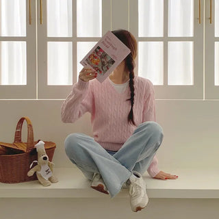 Autumn long-sleeved pink twisted loose-fit knit