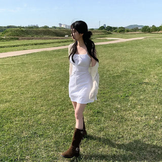Square neck flared ribbon mini camisole dress