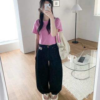 Non-washed denim wide-leg pants with embroidered patch