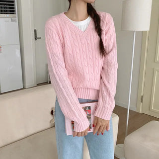 Autumn long-sleeved pink twisted loose-fit knit