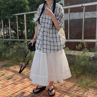 [2 colors] Big size oversized check short-sleeved shirt summer outerwear