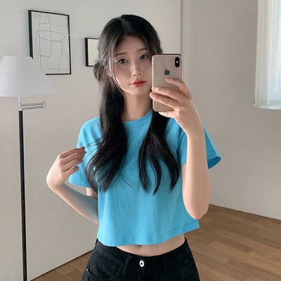 Semi-Crop Plain T-Shirt Layered T-Shirt