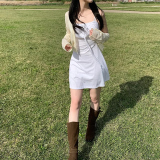Square neck flared ribbon mini camisole dress