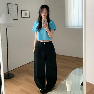 Semi-Crop Plain T-Shirt Layered T-Shirt