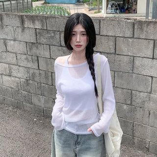 Linen oversized off-shoulder sheer long-sleeved T-shirt