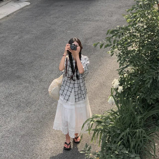 [2 colors] Big size oversized check short-sleeved shirt summer outerwear