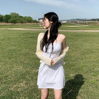 Square neck flared ribbon mini camisole dress