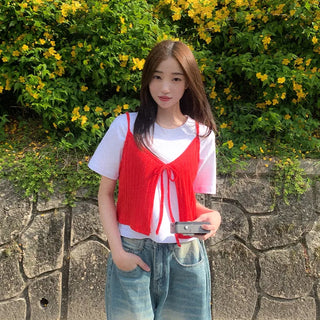 Semi-Crop Plain T-Shirt Layered T-Shirt