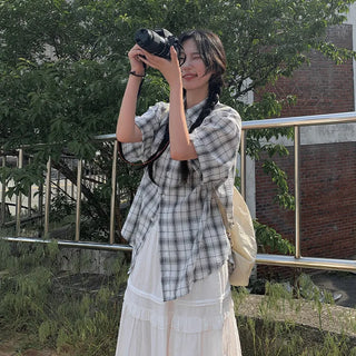 [2 colors] Big size oversized check short-sleeved shirt summer outerwear