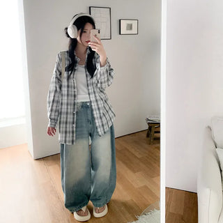 Large size check shirt