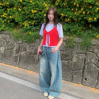 Semi-Crop Plain T-Shirt Layered T-Shirt