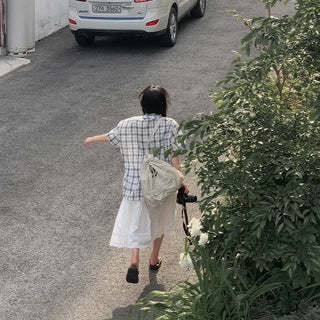 [2 colors] Big size oversized check short-sleeved shirt summer outerwear