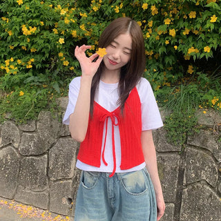 Semi-Crop Plain T-Shirt Layered T-Shirt