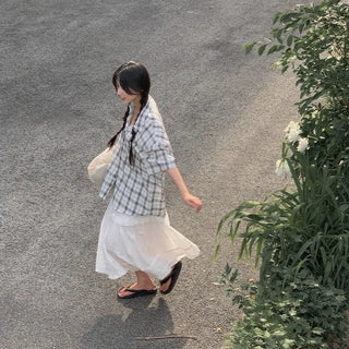 [2 colors] Big size oversized check short-sleeved shirt summer outerwear