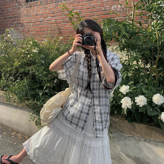 [2 colors] Big size oversized check short-sleeved shirt summer outerwear