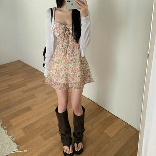 Ribbon floral print camisole bustier A-line mini summer dress