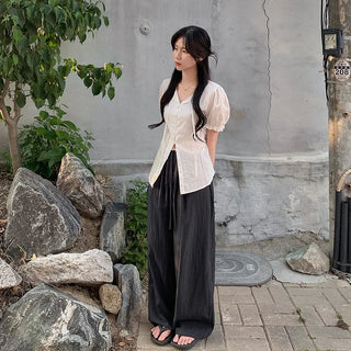 [2 colors] Shirred Frill Puff Sleeve Blouse