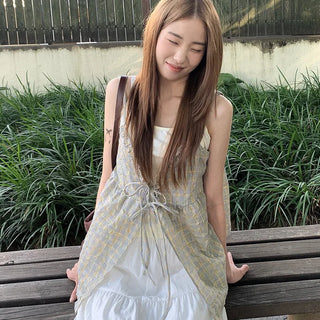 [3 colors] Checkered bustier set blouse plus size summer dress