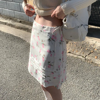 Flower ruffle midi-length low-rise ribbon skirt