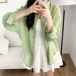 Lightweight, oversized checkered summer shirt cardigan