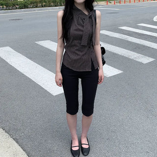 [2 colors] Tie Ribbon Check Camisole Shirring Summer Blouse