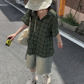 [2 colors] Big size oversized check short-sleeved shirt summer outerwear