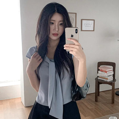 Tie-cap sleeve silky blouse