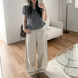 Checkered lace trim puff sleeve peplum summer blouse