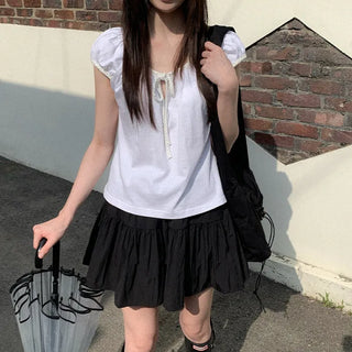 Cap Sleeve Shirred Dot Ribbon T-Shirt