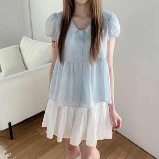 [3 colors] Polka Dot Babydoll Round Collar Puff Sleeve Short Sleeve Blouse