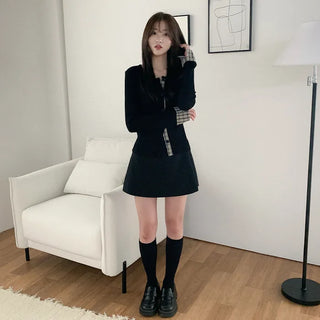 Checked layered round neck long sleeve cardigan