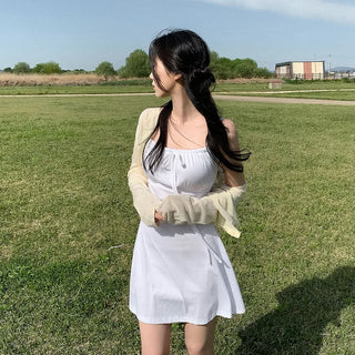 Square neck flared ribbon mini camisole dress