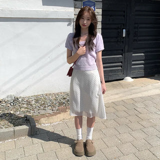(2 colors) Polka Dot A-line Blouse and Polka Dot Skirt