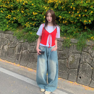 Semi-Crop Plain T-Shirt Layered T-Shirt